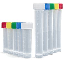 Transport Tube, 5mL, with Attached White Screw Cap, PP, Conical Bottom, Self-Standing, Molded Graduations