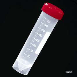 Transport Tube, 50mL, with Attached Red Screw Cap, PP, Printed Graduations, Conical Bottom, Self-Standing, STERILE, 25/Bag, 20 Bags/Unit