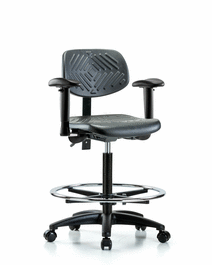 Polyurethane Chair - High Bench Height with Adjustable Arms, Chrome Foot Ring, and Casters in Blue Polyurethane