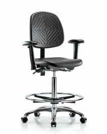 Polyurethane Chair Chrome - High Bench Height with Medium Back, Adjustable Arms, Chrome Foot Ring, and Casters in Blue Polyurethane
