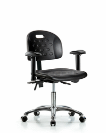 Newport Industrial Polyurethane Chair Chrome - Desk Height with Adjustable Arms and Casters in Blue Polyurethane