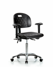 Newport Industrial Polyurethane Chair Chrome - Medium Bench Height with Adjustable Arms and Casters in Blue Polyurethane