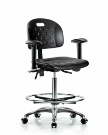 Newport Industrial Polyurethane Chair Chrome - High Bench Height with Adjustable Arms, Chrome Foot Ring, and Casters in Blue Polyurethane