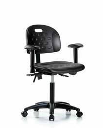 Newport Industrial Polyurethane Chair - Medium Bench Height with Adjustable Arms and Casters in Blue Polyurethane