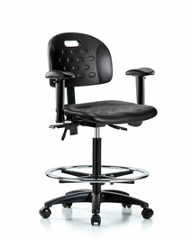 Newport Industrial Polyurethane Chair - High Bench Height with Adjustable Arms, Chrome Foot Ring, and Casters in Blue Polyurethane