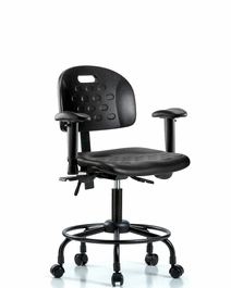Newport Industrial Polyurethane Chair with Round Tube Base - Desk Height with Adjustable Arms and Casters in Blue Polyurethane