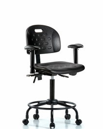 Newport Industrial Polyurethane Chair with Round Tube Base - Medium Bench Height with Adjustable Arms and Casters in Blue Polyurethane