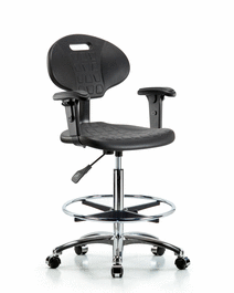Erie Polyurethane Chair Chrome - High Bench Height with Chrome Foot Ring, Adjustable Arms, and Chrome Casters in Blue Polyurethane
