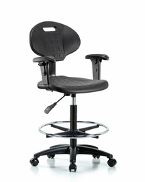 Erie Polyurethane Chair - High Bench Height with Chrome Foot Ring, Adjustable Arms, and Casters in Blue Polyurethane