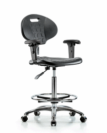 Class 10 Erie Polyurethane Clean Room Chair - High Bench Height with Adjustable Arms, Chrome Foot Ring, and Casters in Blue Polyurethane