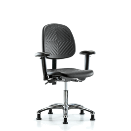 Polyurethane Chair Chrome - Desk Height with Medium Back, Adjustable Arms, and Stationary Glides in Blue Polyurethane