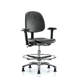 Polyurethane Chair Chrome - Medium Bench Height, Medium Back, Adjustable Arms, Chrome Foot Ring, and Stationary Glides in Blue Polyurethane