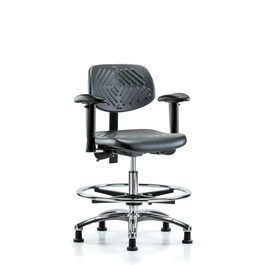 Polyurethane Chair Chrome - Medium Bench Height, Seat Tilt, Adjustable Arms, Chrome Foot Ring, and Stationary Glides in Blue Polyurethane
