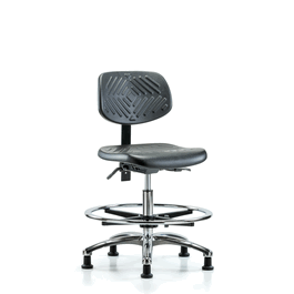 Polyurethane Chair Chrome - Medium Bench Height with Chrome Foot Ring and Stationary Glides in Blue Polyurethane