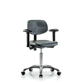 Polyurethane Chair Chrome - Medium Bench Height with Adjustable Arms and Casters in Blue Polyurethane