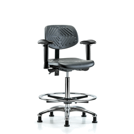 Polyurethane Chair Chrome - High Bench Height with Seat Tilt, Adjustable Arms, Chrome Foot Ring, and Stationary Glides in Blue Polyurethane