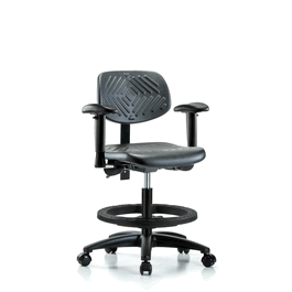 Polyurethane Chair - Medium Bench Height with Adjustable Arms, Black Foot Ring, and Casters in Blue Polyurethane