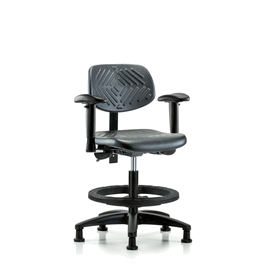 Polyurethane Chair - Medium Bench Height with Adjustable Arms, Black Foot Ring, and Stationary Glides in Blue Polyurethane