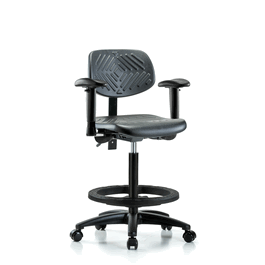 Polyurethane Chair - High Bench Height with Adjustable Arms, Black Foot Ring, and Casters in Blue Polyurethane