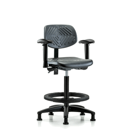 Polyurethane Chair - High Bench Height with Adjustable Arms, Black Foot Ring, and Stationary Glides in Blue Polyurethane