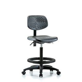 Polyurethane Chair - High Bench Height with Black Foot Ring and Casters in Blue Polyurethane