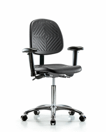 Polyurethane Chair Chrome - Medium Bench Height with Medium Back, Adjustable Arms, and Casters in Blue Polyurethane