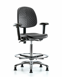 Polyurethane Chair Chrome - High Bench Height, Medium Back, Adjustable Arms, Chrome Foot Ring, and Stationary Glides in Blue Polyurethane