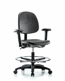 Polyurethane Chair - Medium Bench Height with Medium Back, Adjustable Arms, Chrome Foot Ring, and Casters in Blue Polyurethane