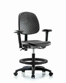 Polyurethane Chair - Medium Bench Height with Medium Back, Adjustable Arms, Black Foot Ring, and Casters in Blue Polyurethane