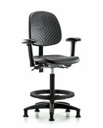 Polyurethane Chair - High Bench Height with Medium Back, Adjustable Arms, Black Foot Ring, and Stationary Glides in Blue Polyurethane