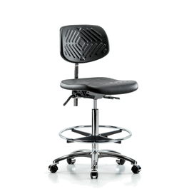 Poly Clean Room Chair, High Bench, Foot Ring, Casters, Gray Poly