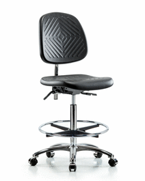 Poly Clean Room Chair, High Bench, Med Back, Foot Ring, Casters, Gray Poly