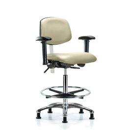 Class 100 Vinyl Clean Room Chair-High Bench Height, Seat Tilt, Adj Arms, Chrome FR, Stationary Glides, Imperial Blue Trailblazer Vinyl