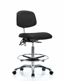 Class 100 Vinyl Clean Room/ESD Chair - High Bench Height with Seat Tilt, Chrome Foot Ring, and ESD Casters in Black ESD Vinyl