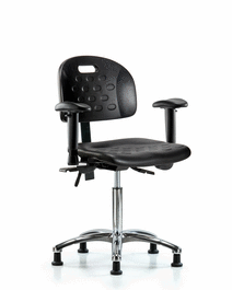 Newport Industrial Polyurethane Chair Chrome - Medium Bench Height with Adjustable Arms and Stationary Glides in Blue Polyurethane