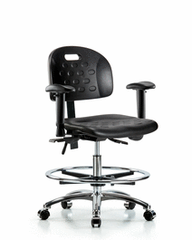 Newport Industrial Polyurethane Chair Chrome - Medium Bench Height with Adjustable Arms, Chrome Foot Ring, and Casters in Blue Polyurethane