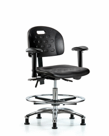 Newport Industrial Polyurethane Chair Chrome - Medium Bench Height, Adjustable Arms, Chrome Foot Ring, Stationary Glides, Blue Polyurethane