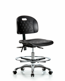 Newport Industrial Polyurethane Chair Chrome - Medium Bench Height with Chrome Foot Ring and Casters in Blue Polyurethane