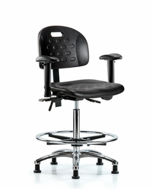 Newport Industrial Polyurethane Chair Chrome - High Bench Height, Adjustable Arms, Chrome Foot Ring, Stationary Glides, Blue Polyurethane