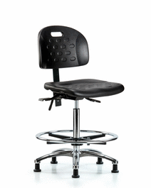 Newport Industrial Polyurethane Chair Chrome - High Bench Height with Chrome Foot Ring and Stationary Glides in Blue Polyurethane