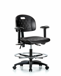 Newport Industrial Polyurethane Chair - Medium Bench Height with Adjustable Arms, Chrome Foot Ring, and Casters in Blue Polyurethane