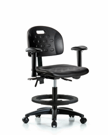 Newport Industrial Polyurethane Chair - Medium Bench Height with Adjustable Arms, Black Foot Ring, and Casters in Blue Polyurethane