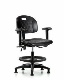 Newport Industrial Polyurethane Chair - Medium Bench Height, Adjustable Arms, Black Foot Ring, and Stationary Glides in Blue Polyurethane