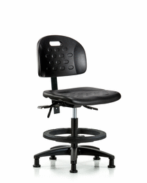 Newport Industrial Polyurethane Chair - Medium Bench Height with Black Foot Ring and Stationary Glides in Blue Polyurethane