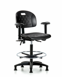 Newport Industrial Polyurethane Chair - High Bench Height with Adjustable Arms, Chrome Foot Ring, and Stationary Glides in Blue Polyurethane