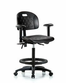 Newport Industrial Polyurethane Chair - High Bench Height with Adjustable Arms, Black Foot Ring, and Casters in Blue Polyurethane