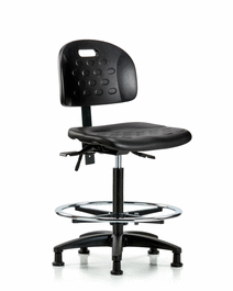 Newport Industrial Polyurethane Chair - High Bench Height with Chrome Foot Ring and Stationary Glides in Black Polyurethane