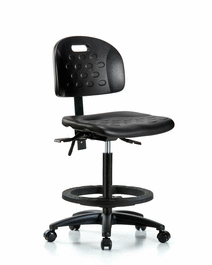 Newport Industrial Polyurethane Chair - High Bench Height with Black Foot Ring and Casters in Blue Polyurethane