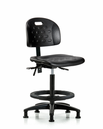 Newport Industrial Polyurethane Chair - High Bench Height with Black Foot Ring and Stationary Glides in Blue Polyurethane