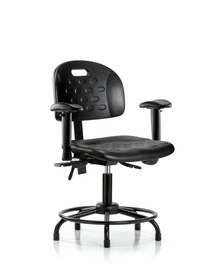 Newport Industrial Polyurethane Chair with Round Tube Base - Desk Height with Adjustable Arms and Stationary Glides in Blue Polyurethane